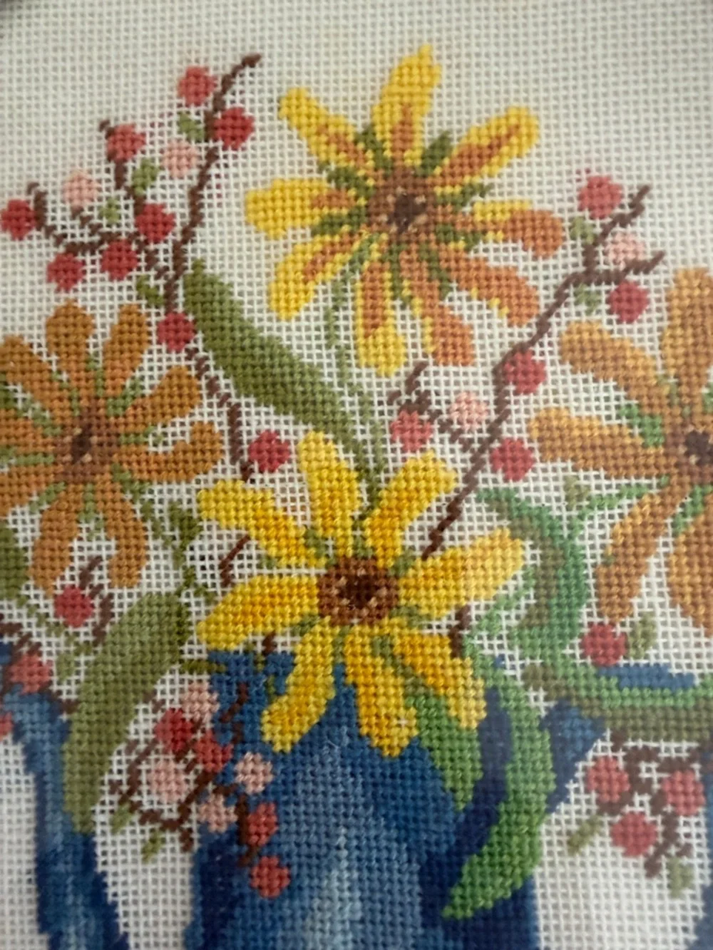 Vintage Floral Cross Stitch in Blue Pitcher - Yellow Flowers
